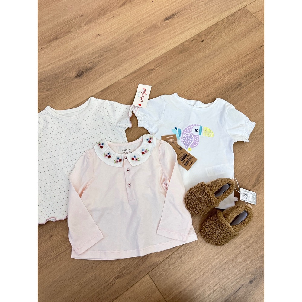 Baby Girl Bundle 6-9M Cat & Jack Obaibi Boutchou Tops & Sherpa Slippers Size 2-3